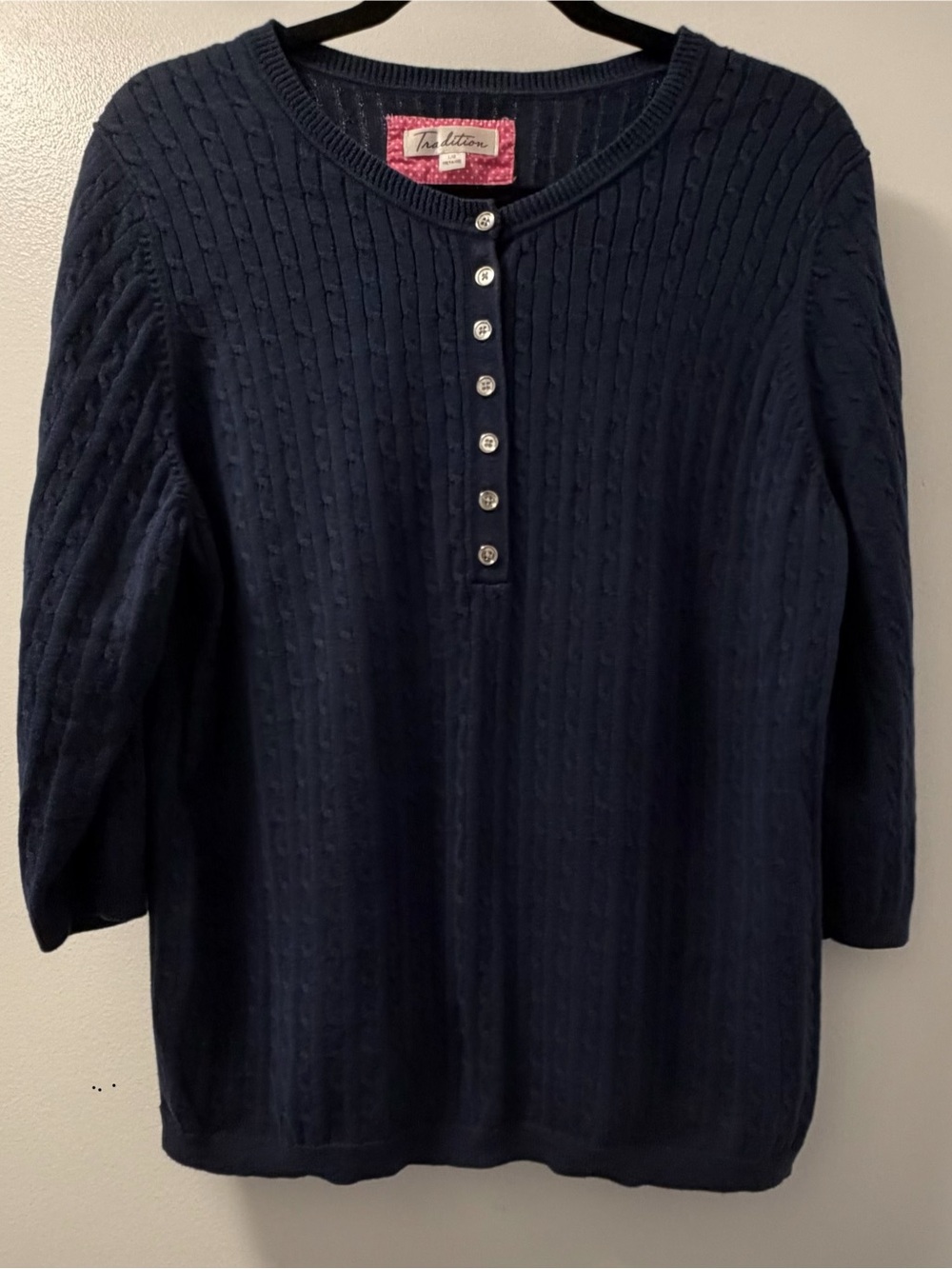Tradition Navy Blue 100% Cotton Textured Knit Henley Sweater Top Size L